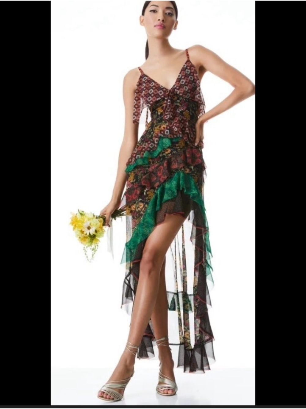 Alice + Olivia Green & Multi-Print Ruffled High-Low Dress